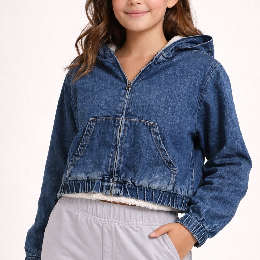 Cat & Jack Kids Denim Jacket w/ Hood | Blue Jean Hoodie Jacket Size 10/12